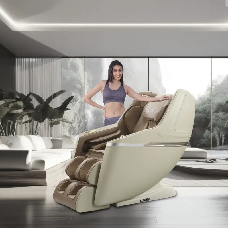 Woman standing next to Lixo LI4411 full-body massage chair in a bright living room