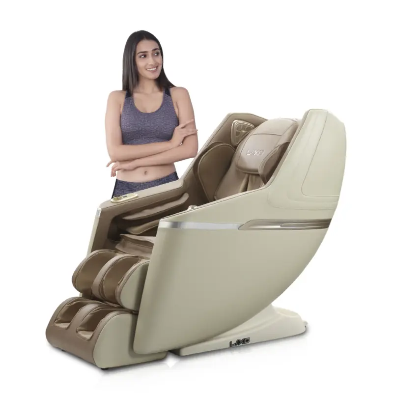 Side profile of woman using Lixo LI4411 massage chair in a white setup