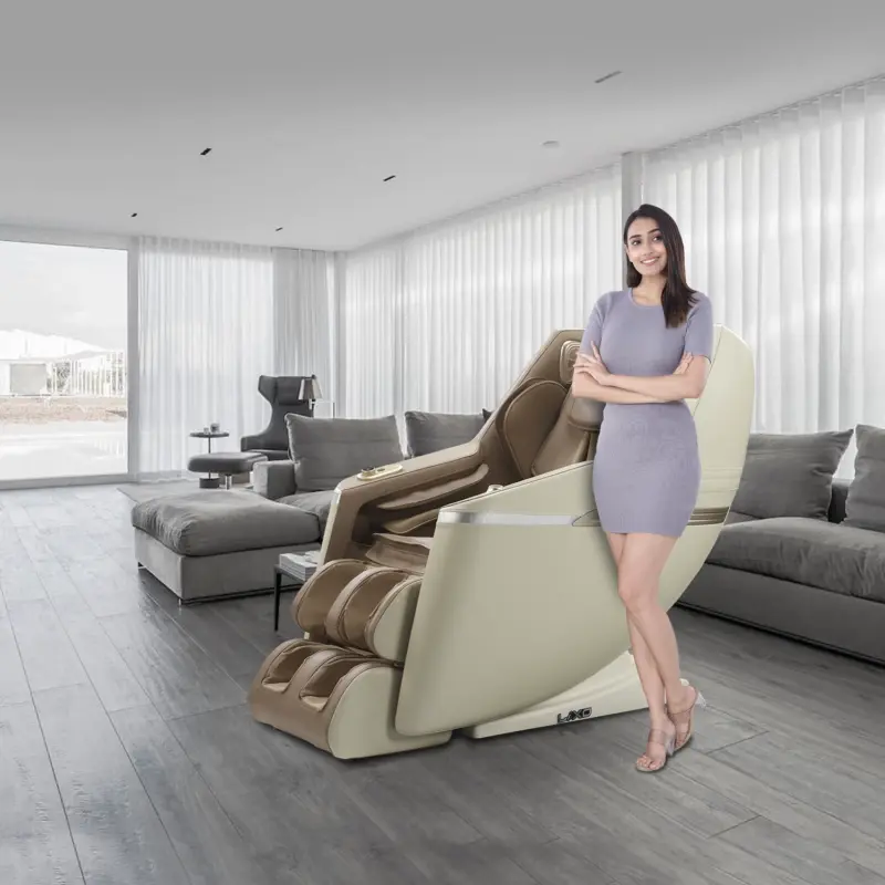 Woman seated comfortably on Lixo LI4411 massage chair in a premium lounge room