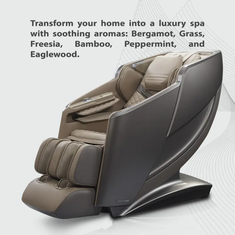 Beige massage chair shown with aroma therapy branding