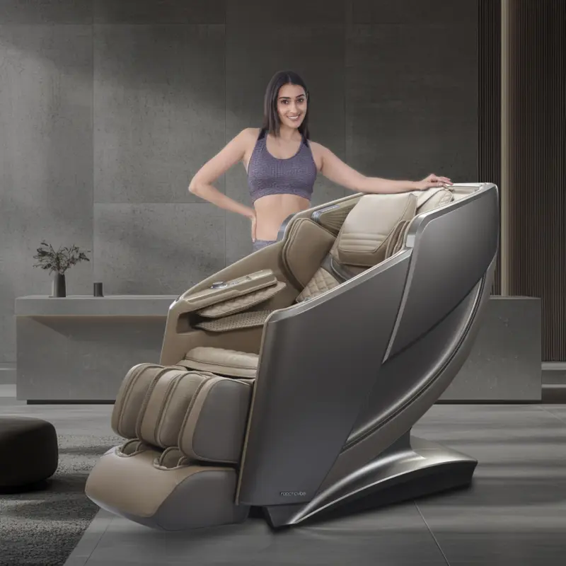 Woman standing near beige massage chair in dark room setup