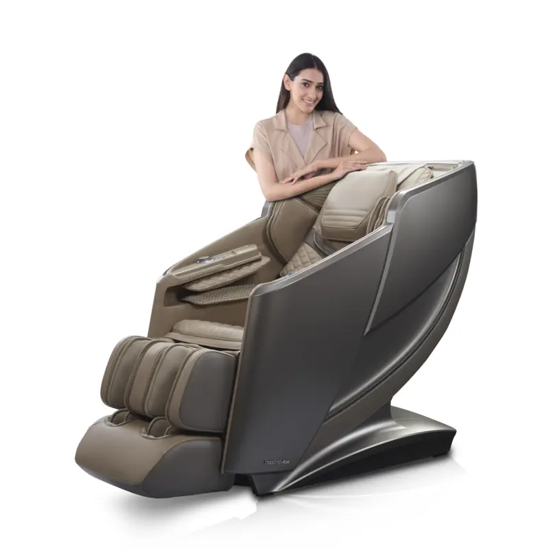 Side view of beige Roboticvibe RV7575 massage chair with model