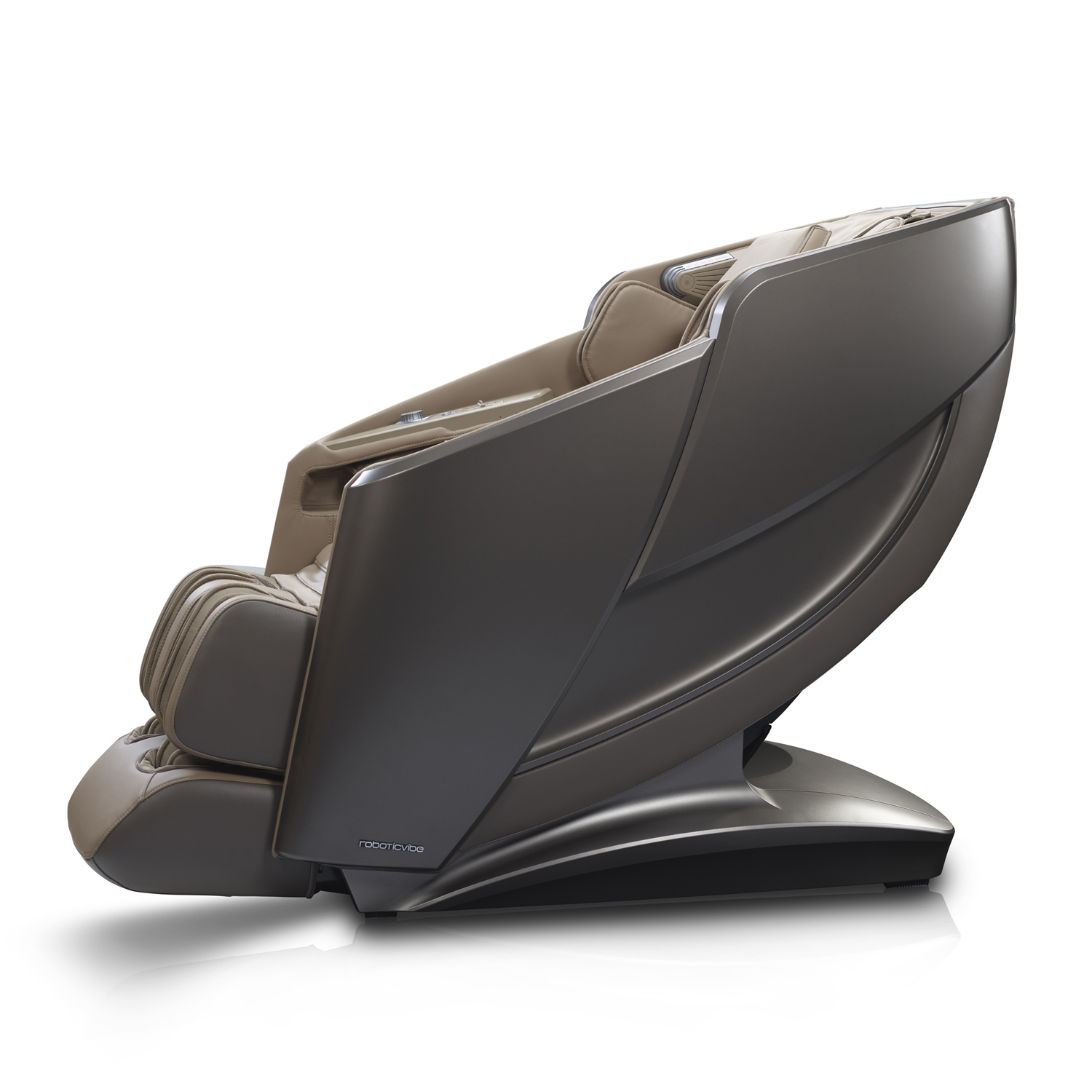 Side view of beige Roboticvibe RV7575 massage chair with model