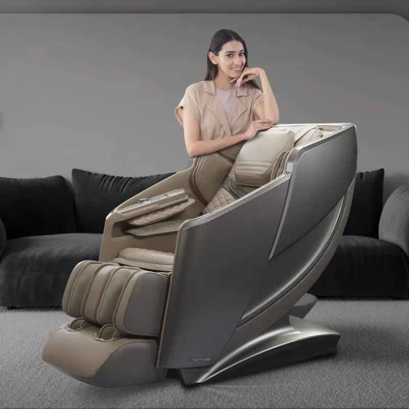 Model using beige RV7575 massage chair in studio
