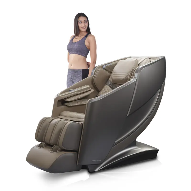 Roboticvibe RV7575 Brown massage chair front view with model