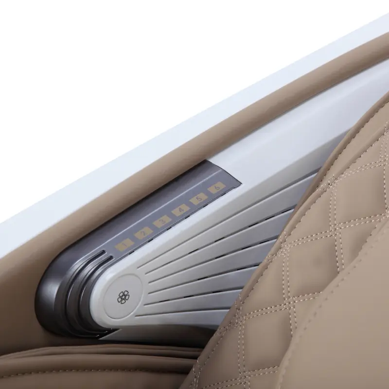 Close-up of RV7575 armrest handle in white and brown finish