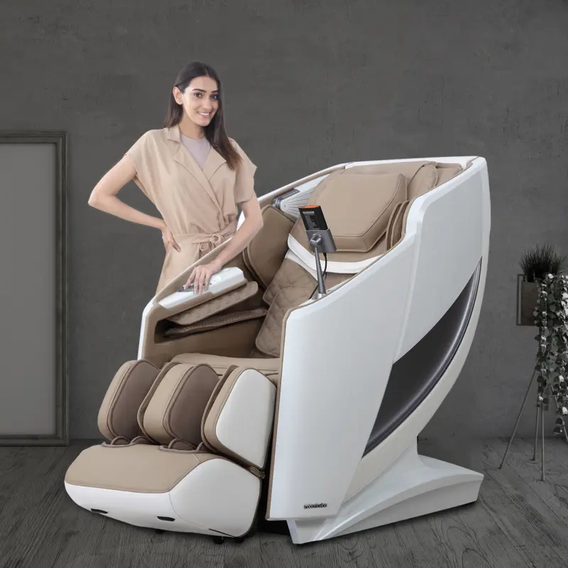 RV7575 massage chair with model in grey interior room