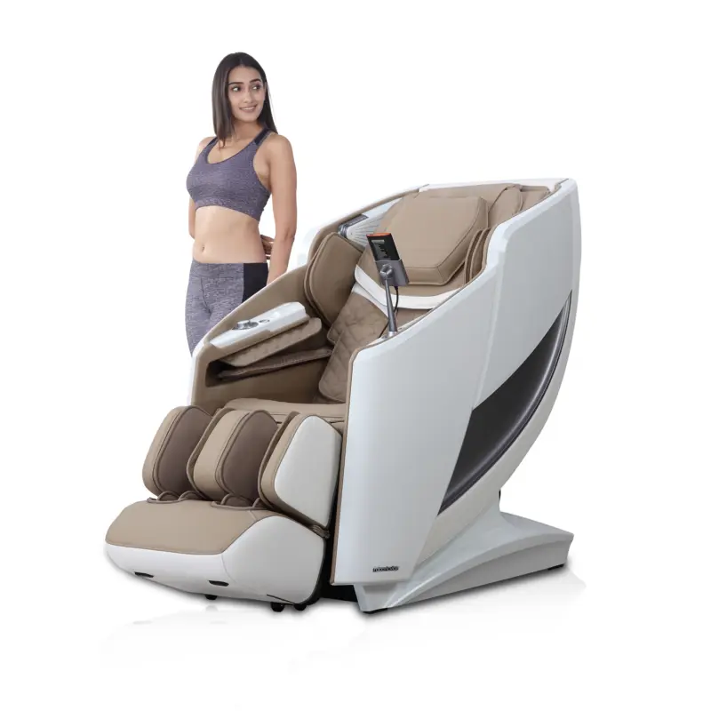 RV7575 white and brown massage chair with model, white background