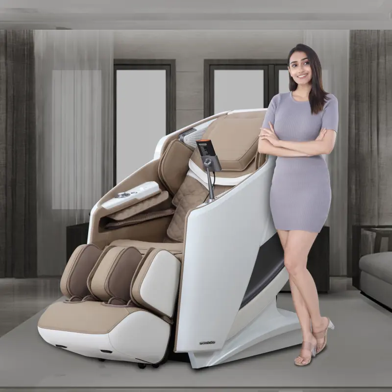 RV7575 white and brown massage chair in stylish home with model